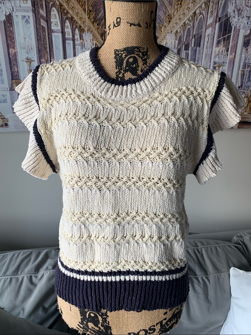 Elan Cream Cable Knit Short-Sleeve Crewneck with Navy Trim